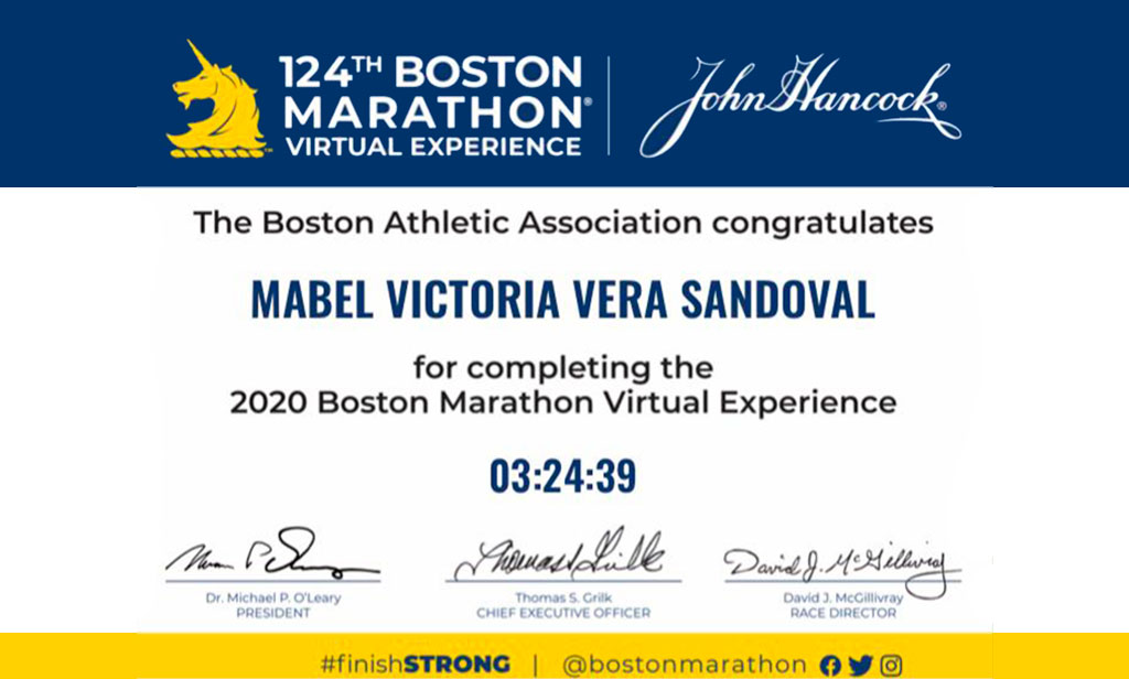 Embajadora de la fundación BostonRun completó el Maratón Virtual de Boston 2020