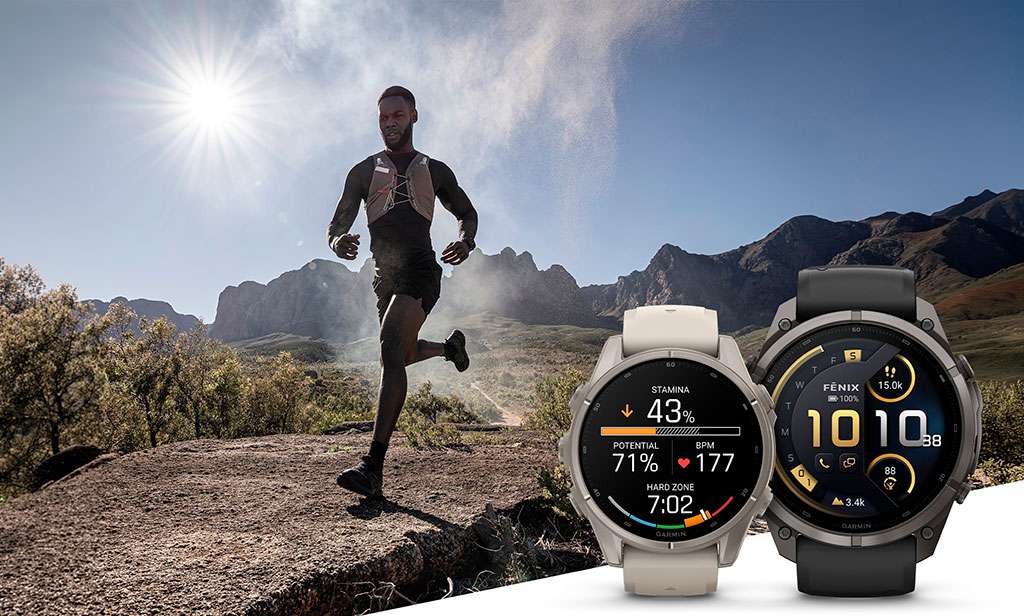 Portada con los relojes Garmin fēnix 9 y fēnix 9 Pro con corredor de trail running