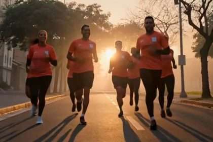 Personas corriendo con el sol detrás de ellos