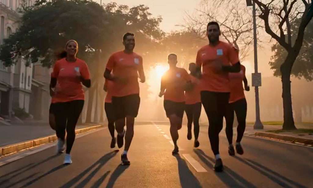 Personas corriendo con el sol detrás de ellos