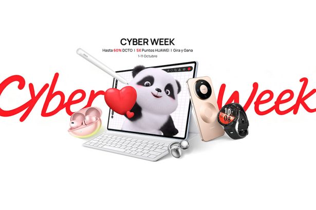 Banner del Cyber Week de Huawei mostrando su panda en un laptop y rodeado de audífonos, celular, reloj