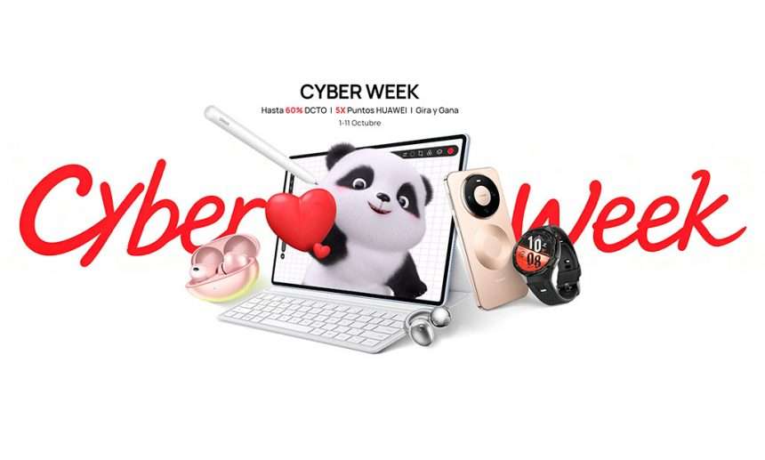 Banner del Cyber Week de Huawei mostrando su panda en un laptop y rodeado de audífonos, celular, reloj