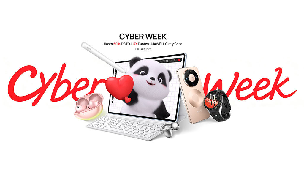 Banner del Cyber Week de Huawei mostrando su panda en un laptop y rodeado de audífonos, celular, reloj