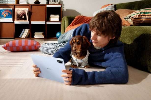 Joven jugando videojuegos en su HUAWEI MatePad Air acompañado de tu perro