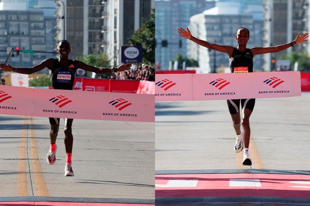 Amos Kipruto y Hawi Feysa llegando a la meta del Maratón de Chicago 2026