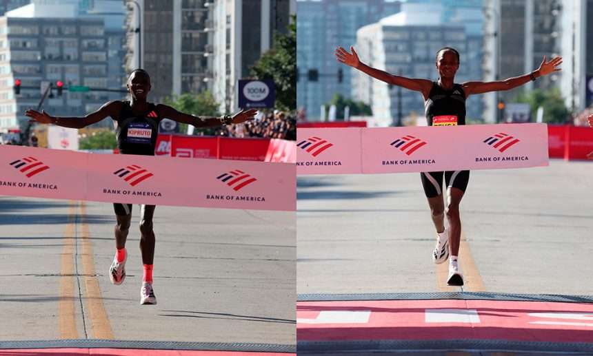 Amos Kipruto y Hawi Feysa llegando a la meta del Maratón de Chicago 2026