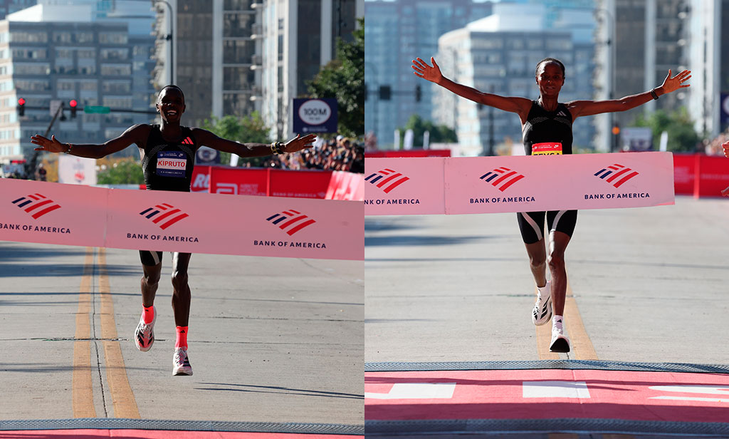Amos Kipruto y Hawi Feysa llegando a la meta del Maratón de Chicago 2026