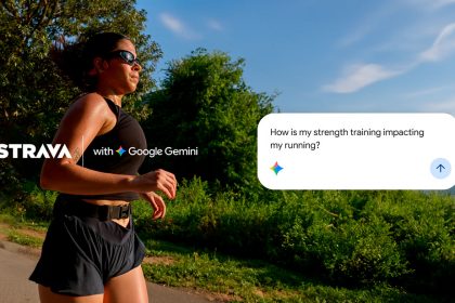 Una mujer corriendo con los logos de Strava y Gemini sobre ella