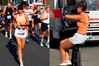 Yuanyuan Sun corriendo y subiéndose a una bici en Maratón de Berlín