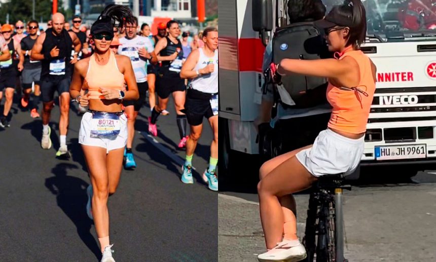 Yuanyuan Sun corriendo y subiéndose a una bici en Maratón de Berlín